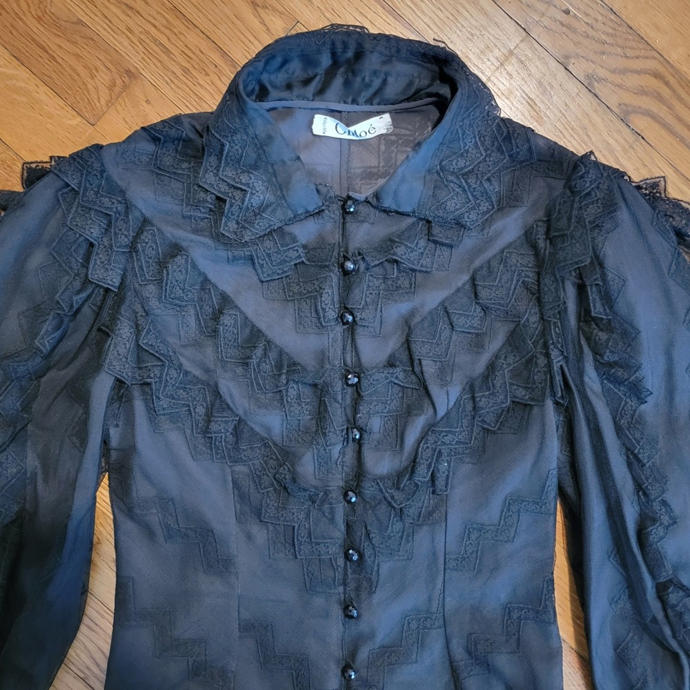 Chloé Vintage Black Lace Blouse XS Sheer Ruffle Victorian‎ Romantic